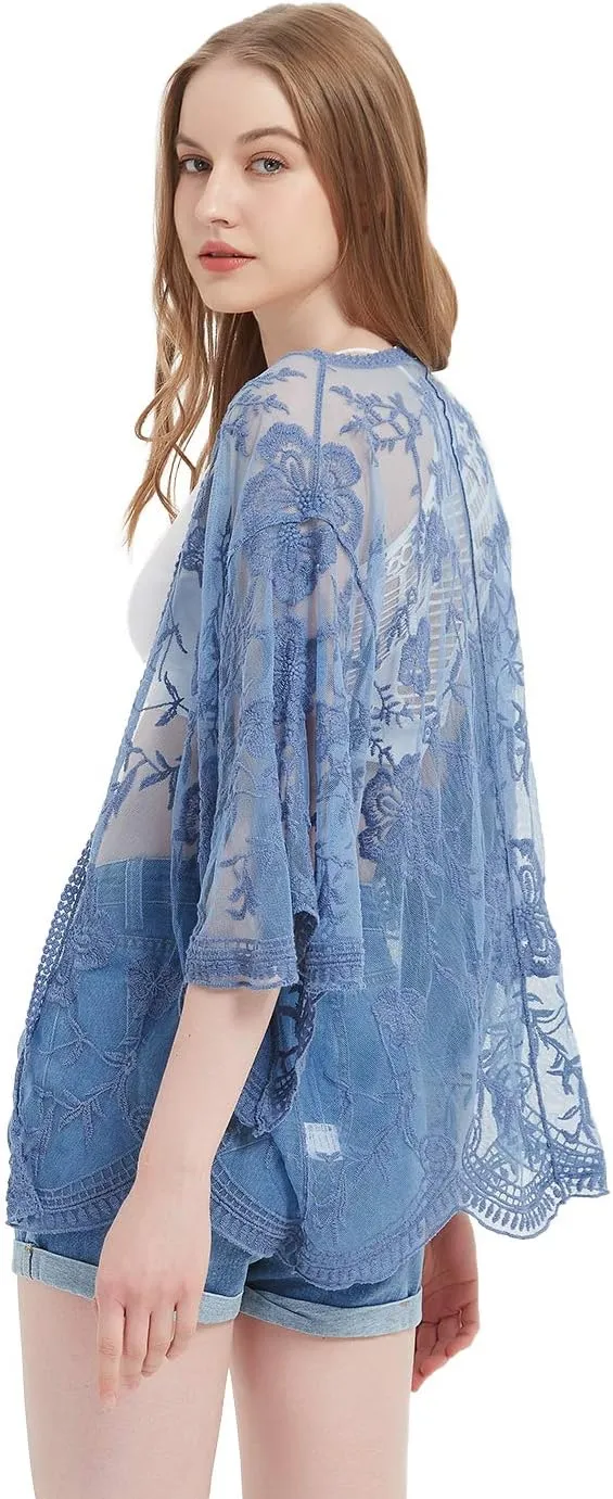 Anna-Kaci Womens Long Embroidered Lace Kimono Cardigan with Half Sleeves