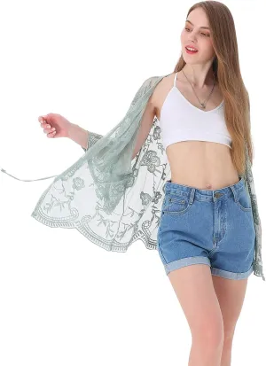 Anna-Kaci Womens Long Embroidered Lace Kimono Cardigan with Half Sleeves