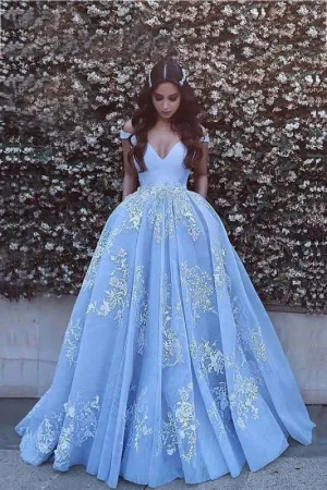 Applique Brush Train Blue Ball Gown Prom Dresses