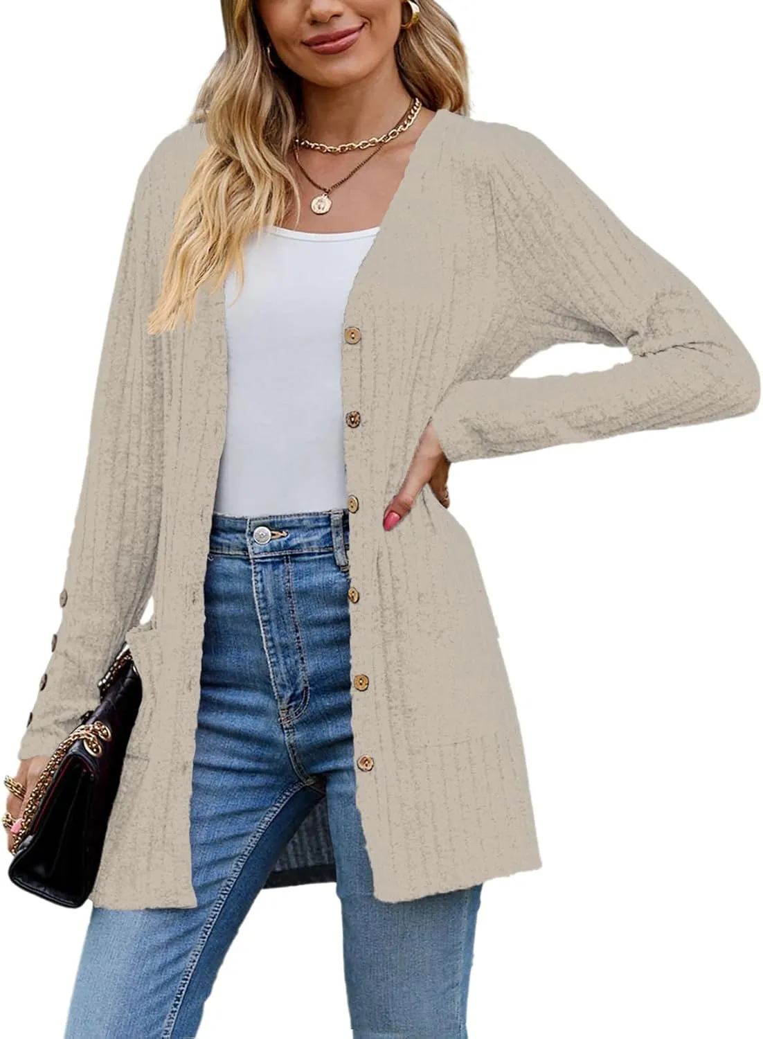 Askyes Womens Cardigan Sweater Long Sleeve Lightweight Open Front Button Closure Fall Cardigans for Women Casual with Pockets