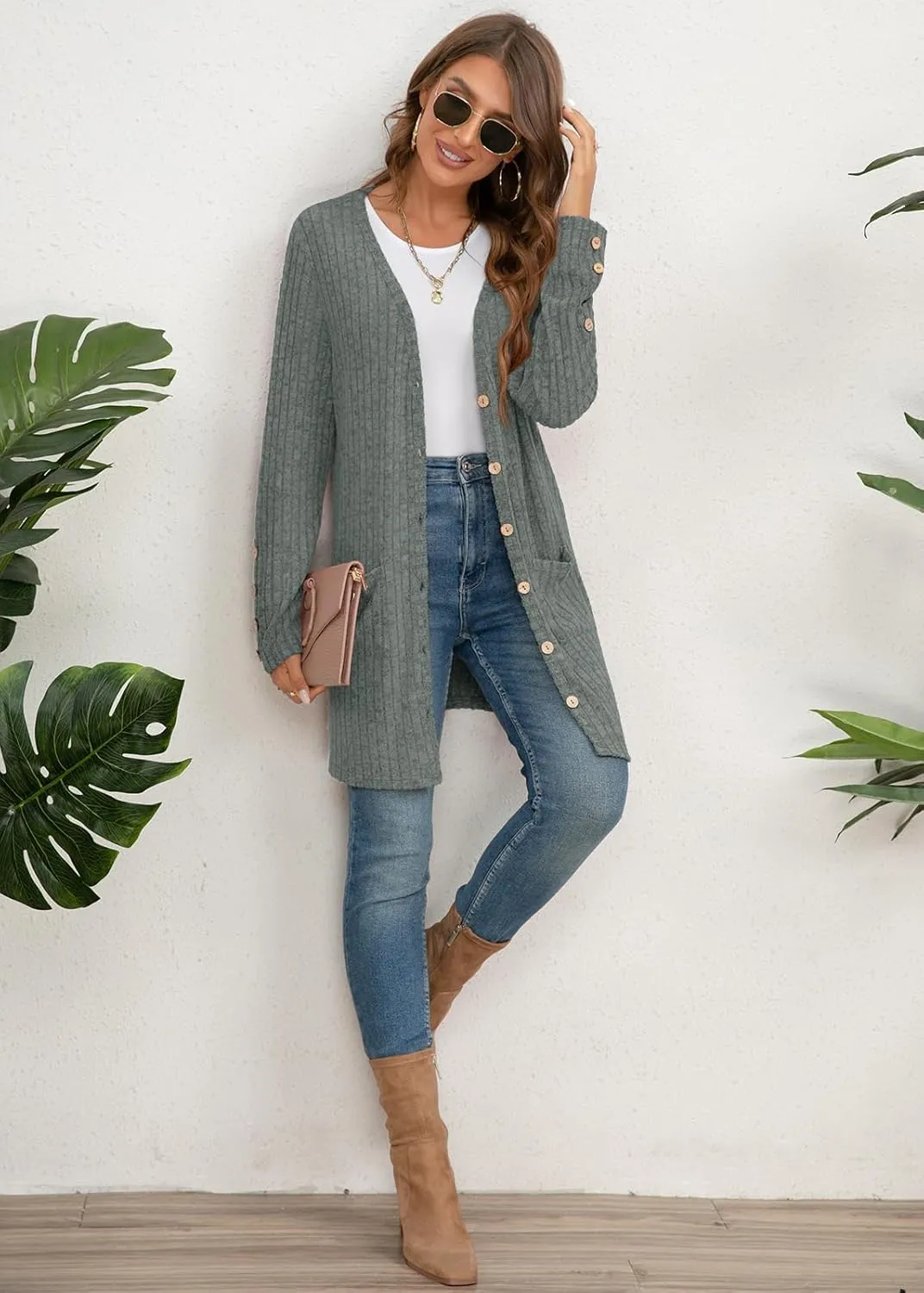 Askyes Womens Cardigan Sweater Long Sleeve Lightweight Open Front Button Closure Fall Cardigans for Women Casual with Pockets