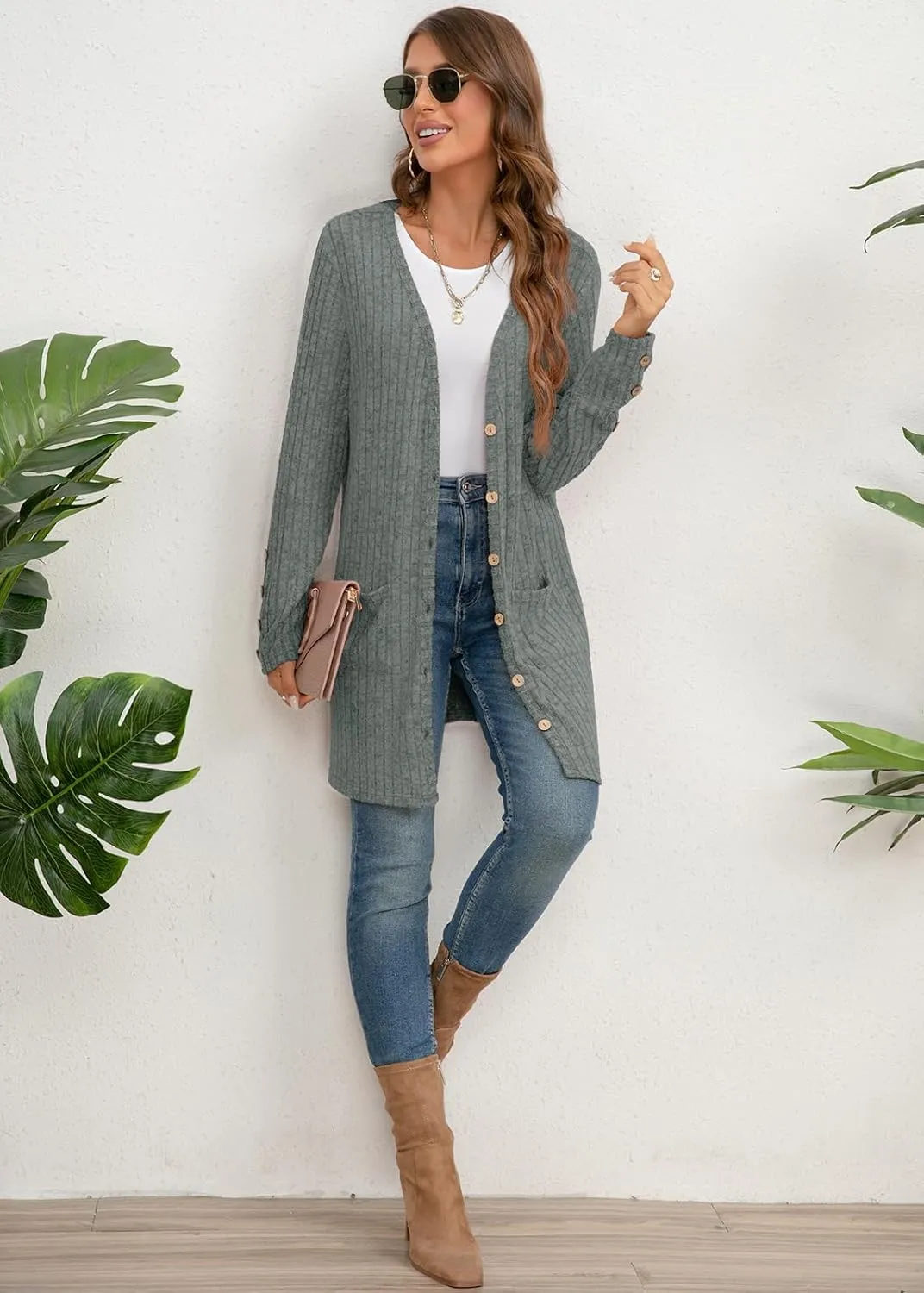Askyes Womens Cardigan Sweater Long Sleeve Lightweight Open Front Button Closure Fall Cardigans for Women Casual with Pockets