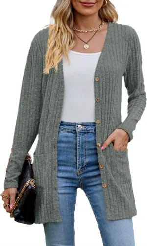 Askyes Womens Cardigan Sweater Long Sleeve Lightweight Open Front Button Closure Fall Cardigans for Women Casual with Pockets