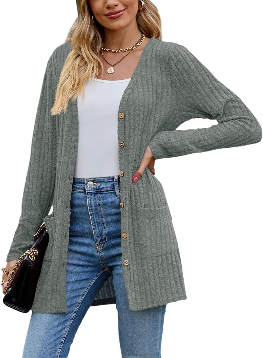 Askyes Womens Cardigan Sweater Long Sleeve Lightweight Open Front Button Closure Fall Cardigans for Women Casual with Pockets