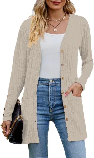 Askyes Womens Cardigan Sweater Long Sleeve Lightweight Open Front Button Closure Fall Cardigans for Women Casual with Pockets