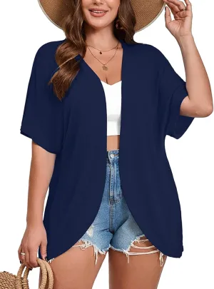 AusLook Women's Plus Size Short Sleeve Lightweight Open Front Cardigan Navy Blue 4X Cover Ups Shrugs Shawls and Wraps Kimono Jacket Coat