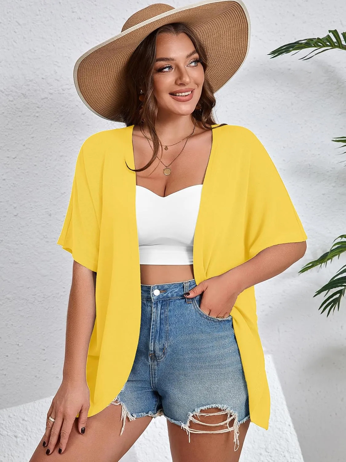 AusLook Women's Plus Size Short Sleeve Shawls and Wraps Lightweight Open Front Cardigan Cover Ups Shrugs Kimono Jacket Coat