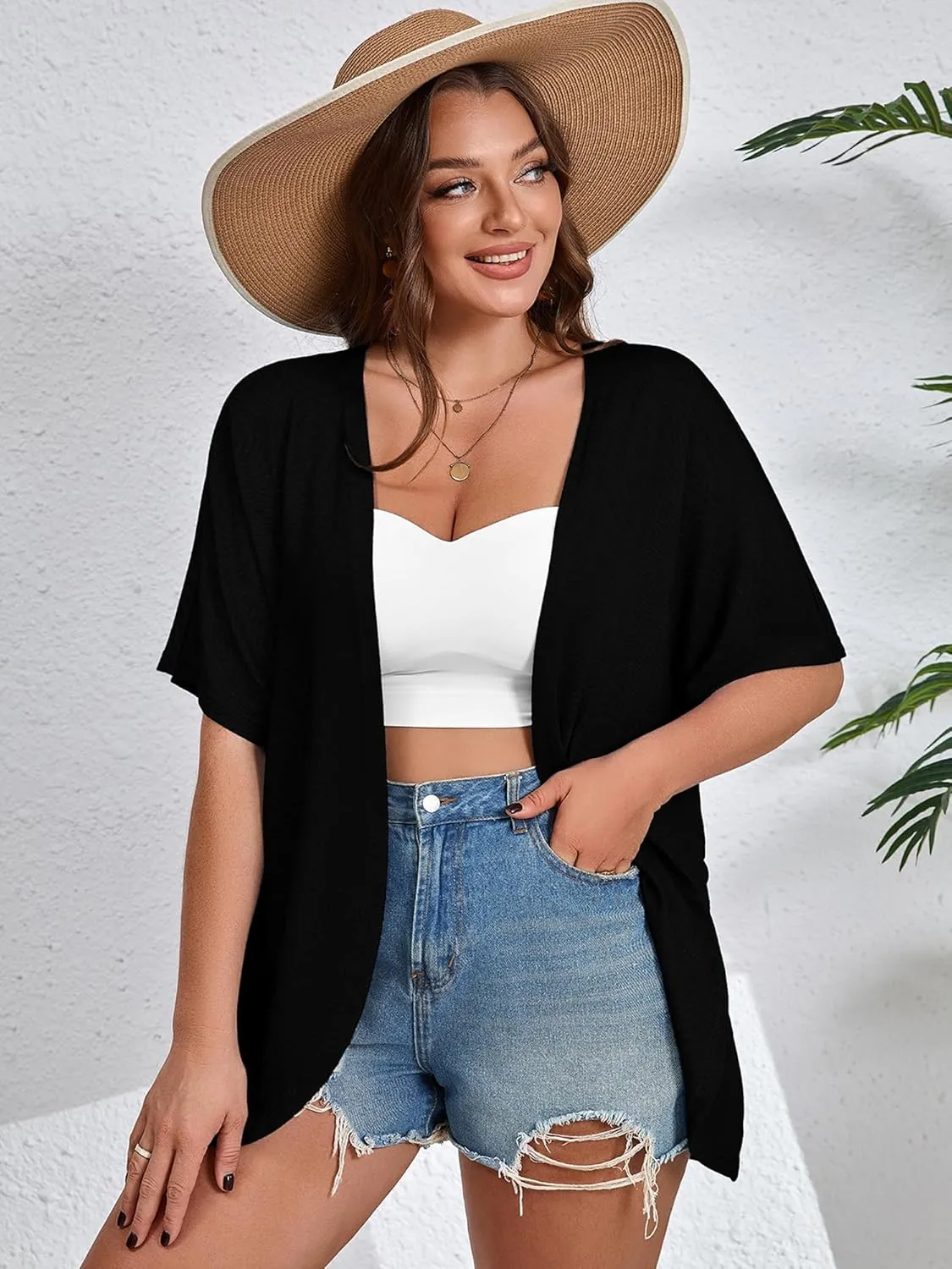 AusLook Women's Plus Size Short Sleeve Shawls and Wraps Lightweight Open Front Cardigan Cover Ups Shrugs Kimono Jacket Coat