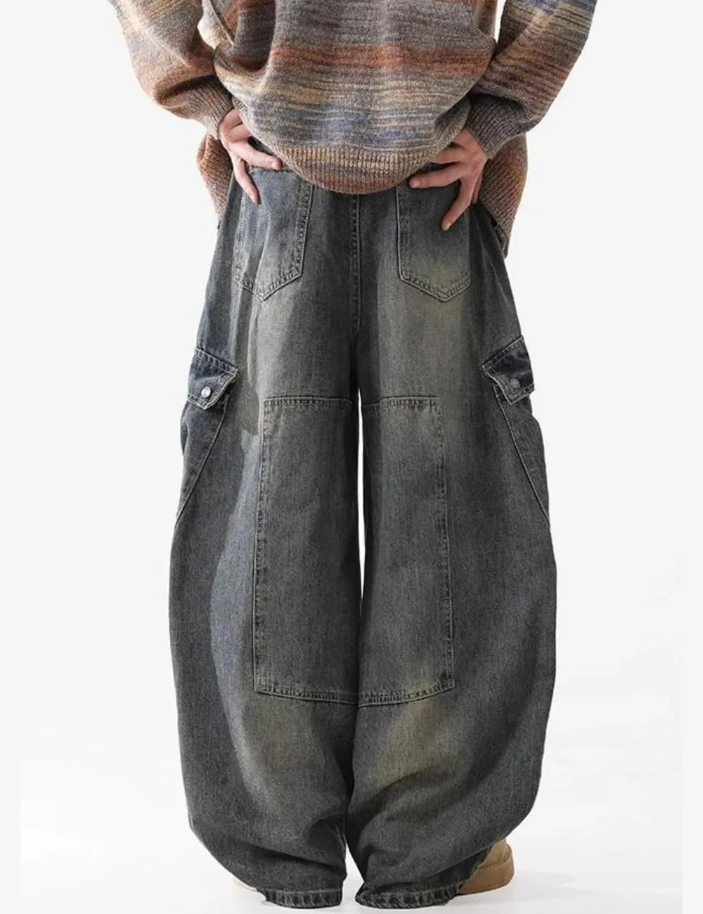 Baggy Barrel Jeans for Men Wide Leg Cargo Jeans Loose Distressed Denim Oversized Pants Fashion Casual Clothes