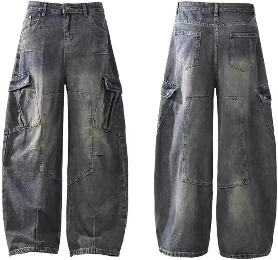 Baggy Barrel Jeans for Men Wide Leg Cargo Jeans Loose Distressed Denim Oversized Pants Fashion Casual Clothes