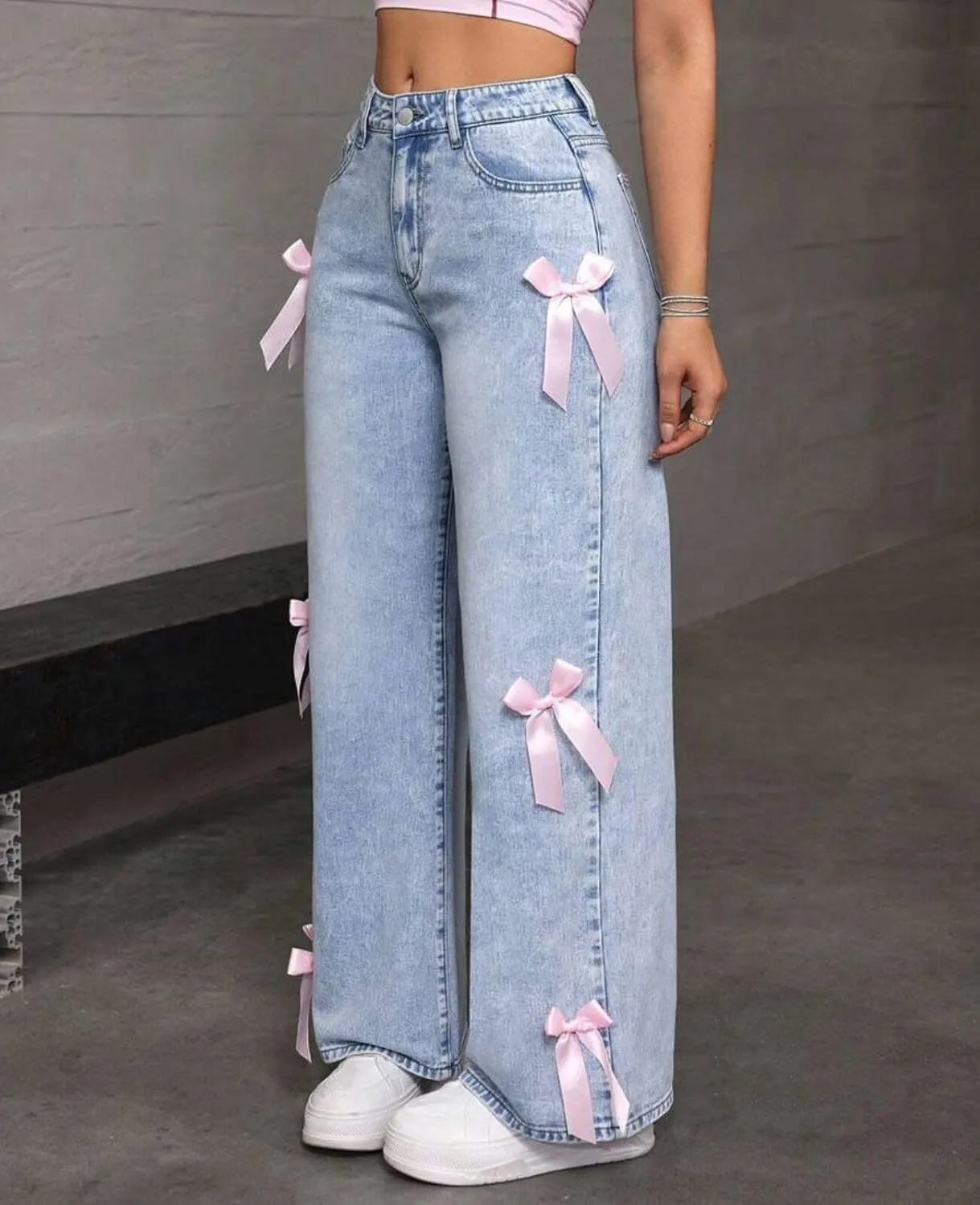 Baggy Jeans for Teen Girls Woman Bow Jeans High Waist Wide Leg Loose Pants Casual Streetwear Cute Clothes