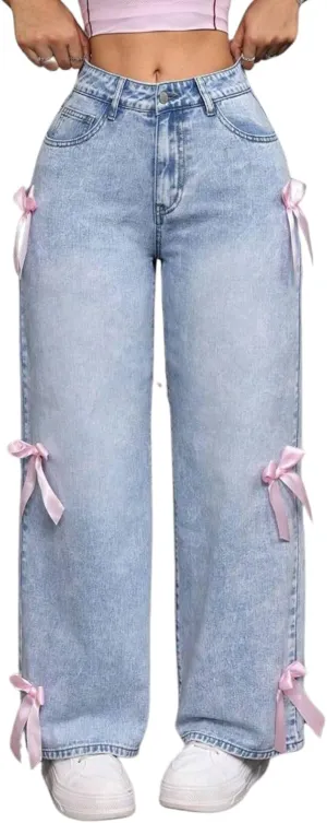 Baggy Jeans for Teen Girls Woman Bow Jeans High Waist Wide Leg Loose Pants Casual Streetwear Cute Clothes