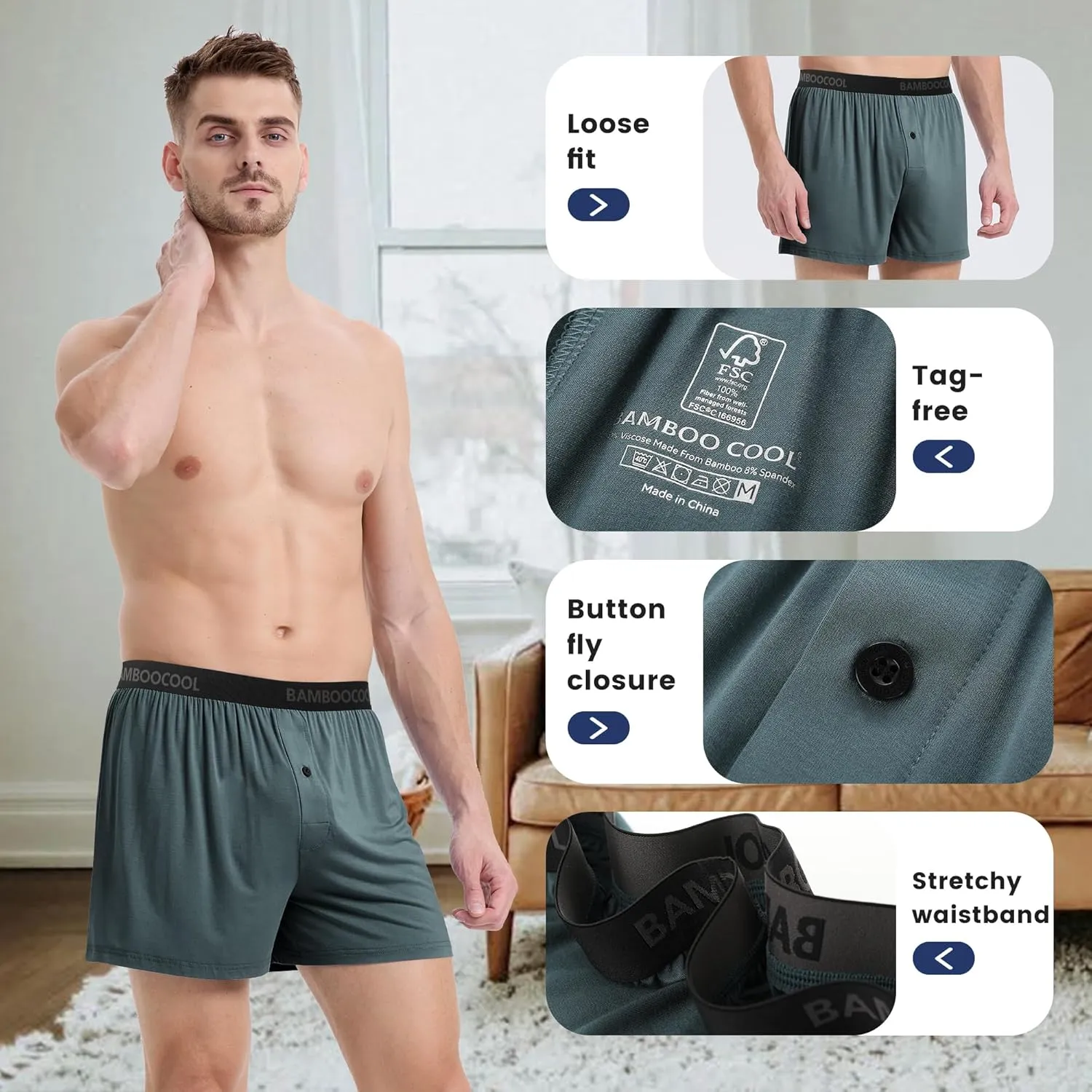 BAMBOO COOL Men's Boxer Shorts Underwear Soft Comfortable Breathable Classic Casual Loose Stretch Knit Short (3 or 5 Pack)