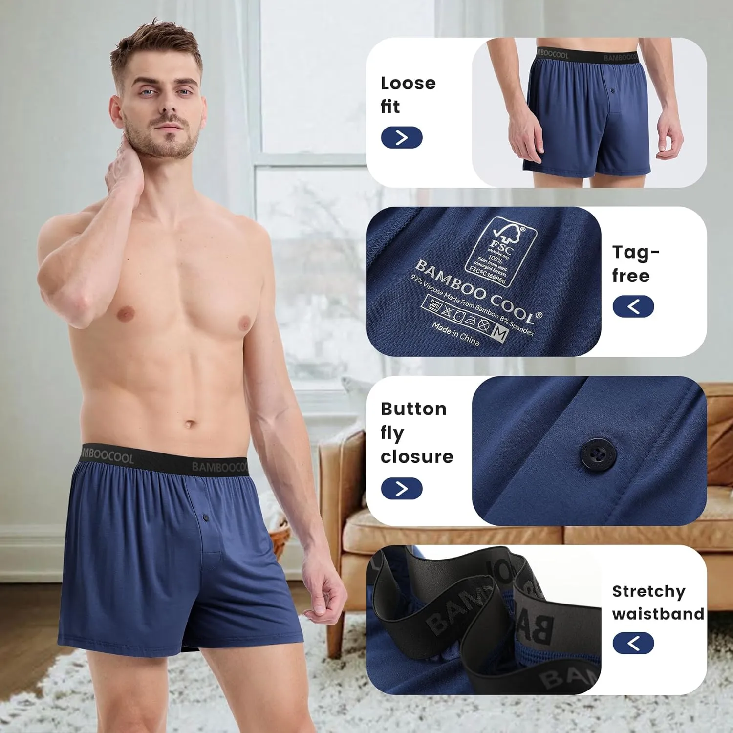 BAMBOO COOL Men's Boxer Shorts Underwear Soft Comfortable Breathable Classic Casual Loose Stretch Knit Short (3 or 5 Pack)