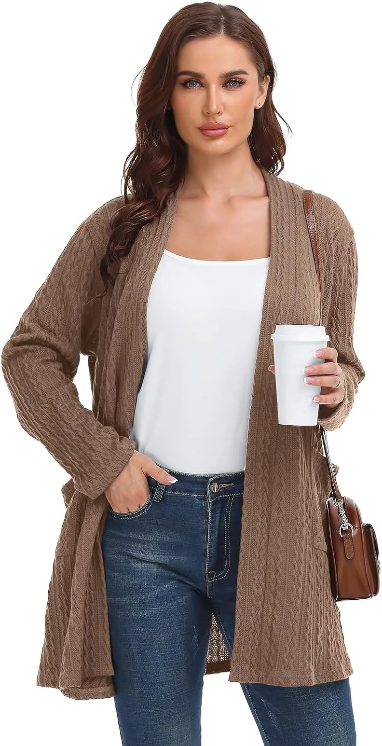 BELAROI Womens Open Front Cardigan Cable Knit Sweaters Plus Size Long Sleeve Tops Loose Fall Outwear Coat with Pockets