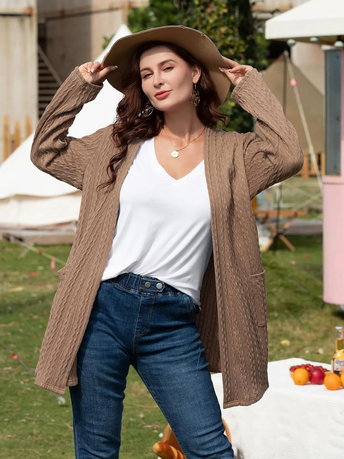 BELAROI Womens Open Front Cardigan Cable Knit Sweaters Plus Size Long Sleeve Tops Loose Fall Outwear Coat with Pockets