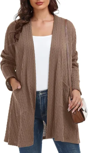 BELAROI Womens Open Front Cardigan Cable Knit Sweaters Plus Size Long Sleeve Tops Loose Fall Outwear Coat with Pockets