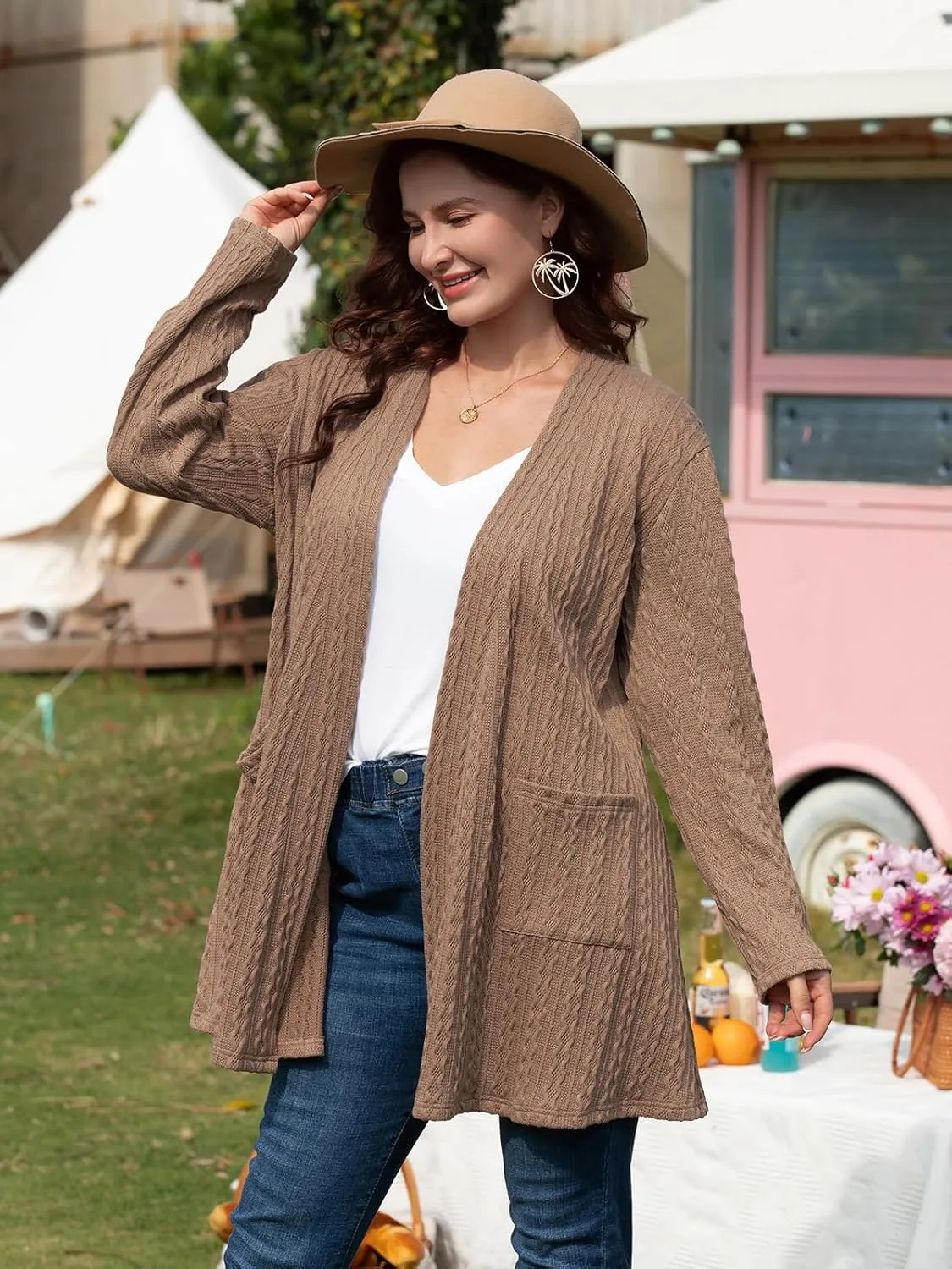 BELAROI Womens Open Front Cardigan Cable Knit Sweaters Plus Size Long Sleeve Tops Loose Fall Outwear Coat with Pockets