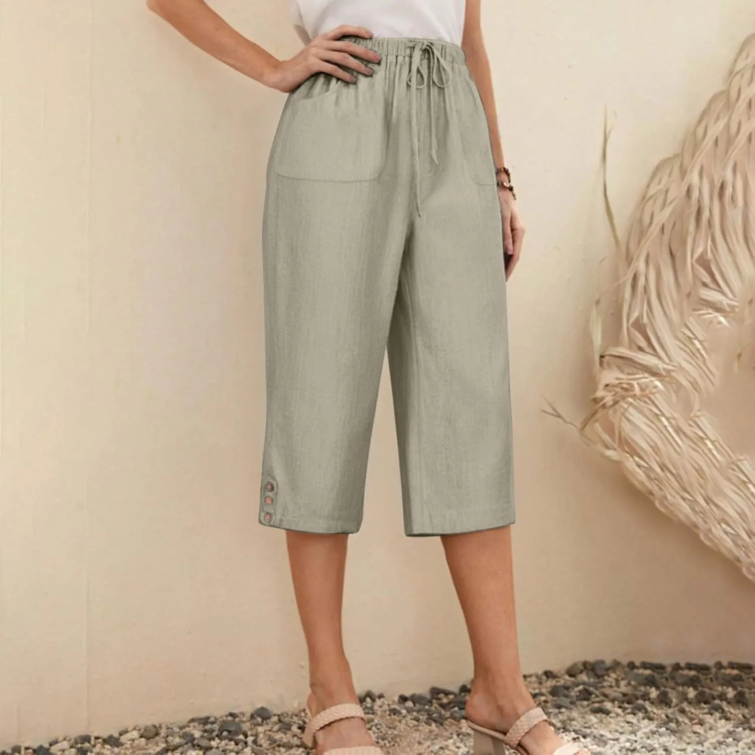 Below Knee Capris for Women Cotton Linen Cropped Pants Summer Casual Elastic High Waisted Harem Trousers with Pockets
