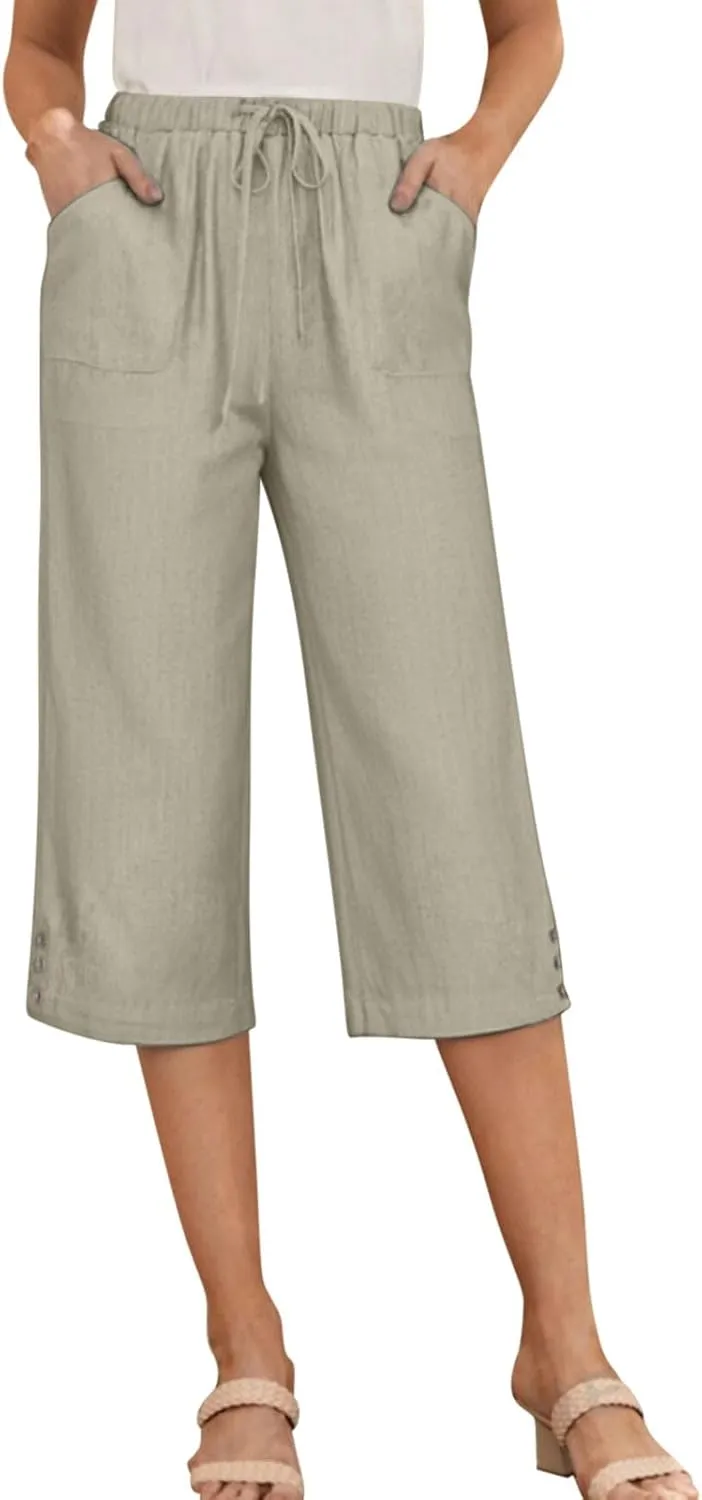 Below Knee Capris for Women Cotton Linen Cropped Pants Summer Casual Elastic High Waisted Harem Trousers with Pockets