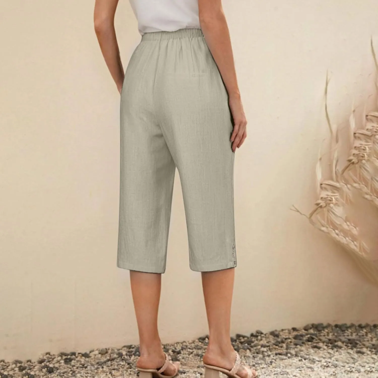 Below Knee Capris for Women Cotton Linen Cropped Pants Summer Casual Elastic High Waisted Harem Trousers with Pockets