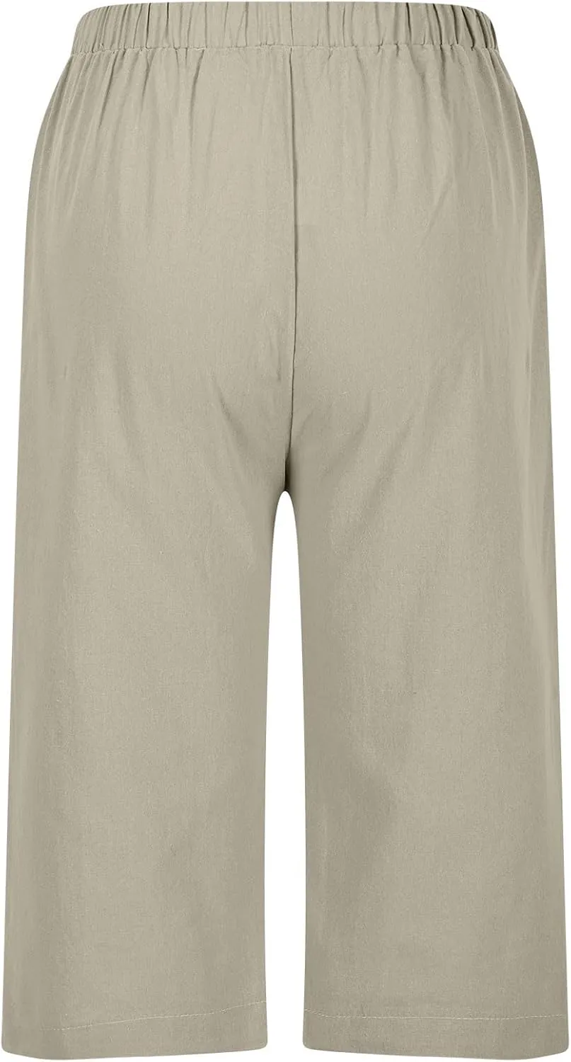 Below Knee Capris for Women Cotton Linen Cropped Pants Summer Casual Elastic High Waisted Harem Trousers with Pockets