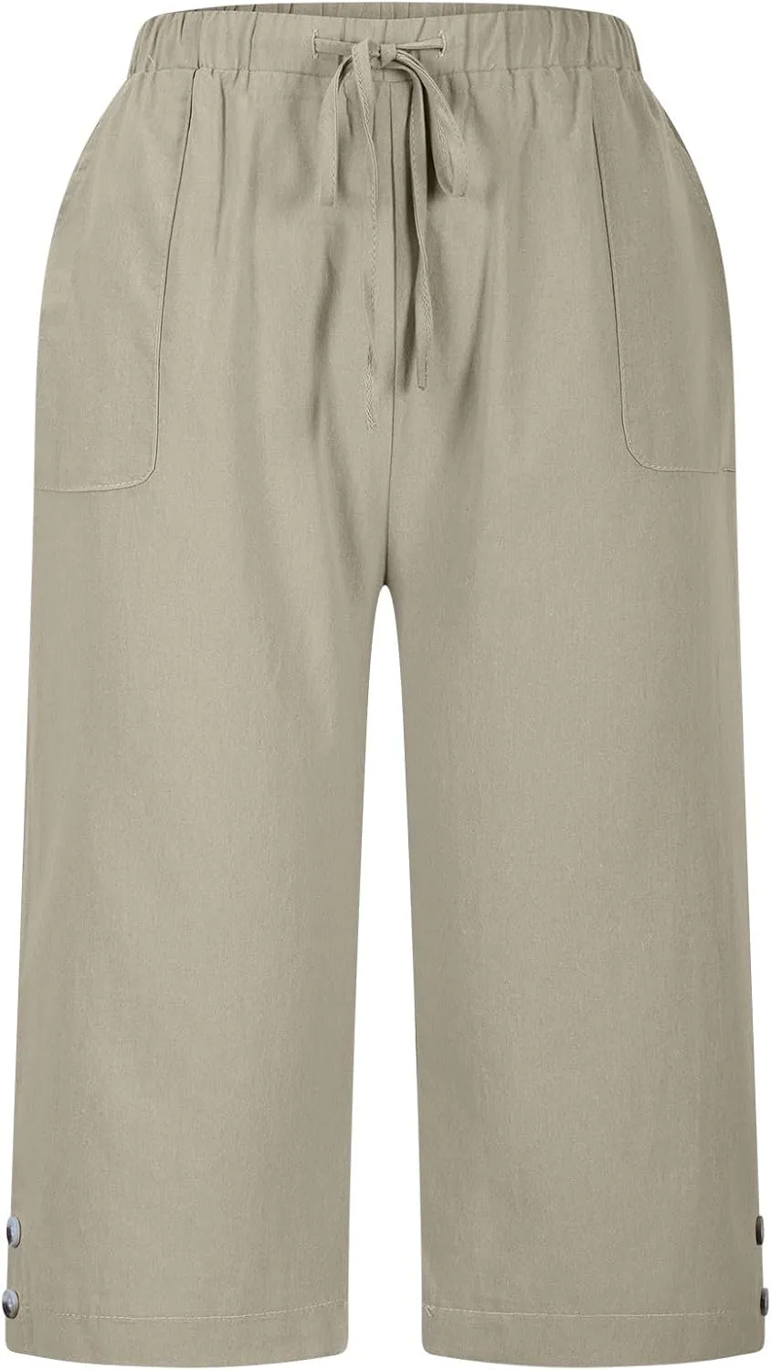 Below Knee Capris for Women Cotton Linen Cropped Pants Summer Casual Elastic High Waisted Harem Trousers with Pockets