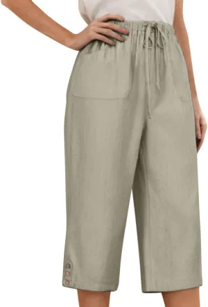 Below Knee Capris for Women Cotton Linen Cropped Pants Summer Casual Elastic High Waisted Harem Trousers with Pockets