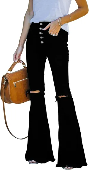 BISUAL Women's Black Bell Bottom Jeans for Women High Waisted Flare Jeans Womens Ripped Stretchy Bell Bottoms Pants