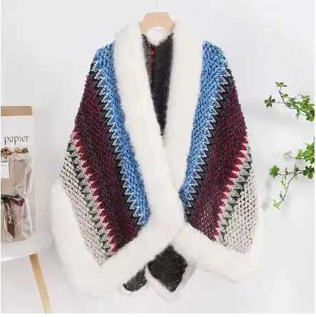 Bohemian Faux Silver Fox Fur Poncho – Knitted Wool Cloak & Luxury Shawl Wrap