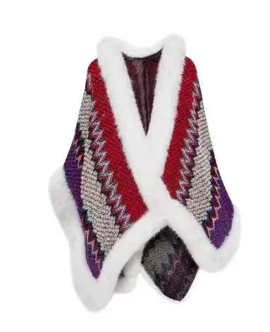 Bohemian Faux Silver Fox Fur Poncho – Knitted Wool Cloak & Luxury Shawl Wrap