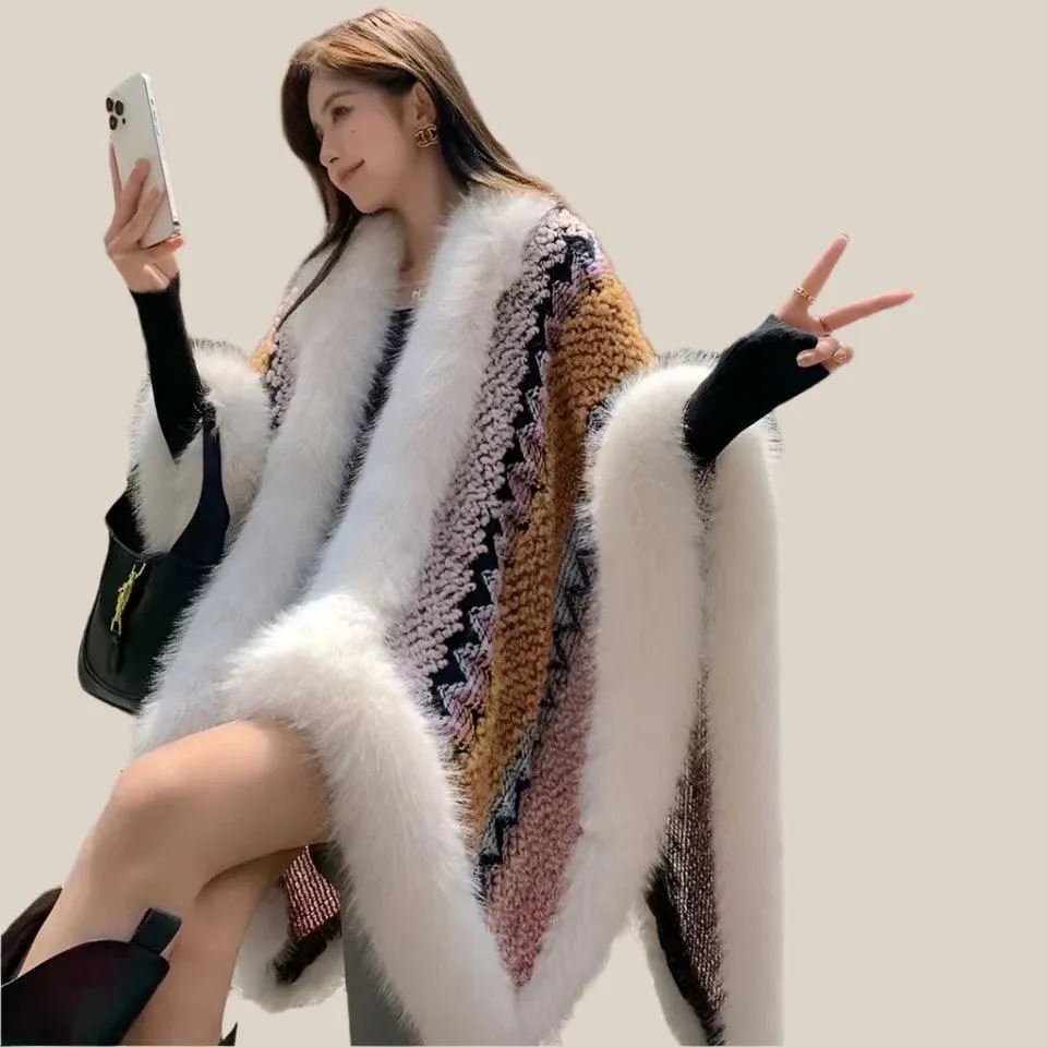 Bohemian Faux Silver Fox Fur Poncho – Knitted Wool Cloak & Luxury Shawl Wrap
