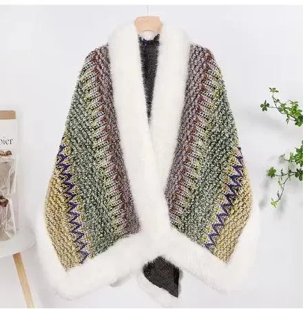 Bohemian Faux Silver Fox Fur Poncho – Knitted Wool Cloak & Luxury Shawl Wrap