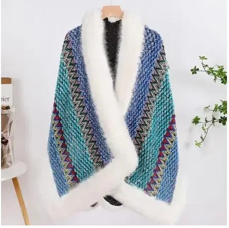 Bohemian Faux Silver Fox Fur Poncho – Knitted Wool Cloak & Luxury Shawl Wrap
