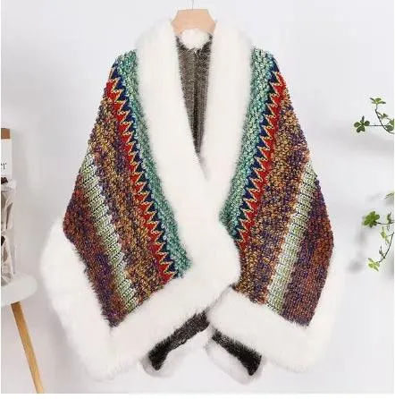 Bohemian Faux Silver Fox Fur Poncho – Knitted Wool Cloak & Luxury Shawl Wrap