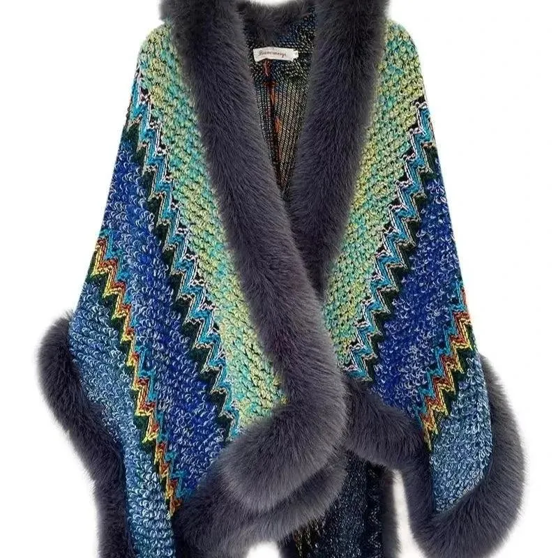 Bohemian Faux Silver Fox Fur Poncho – Knitted Wool Cloak & Luxury Shawl Wrap