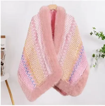 Bohemian Faux Silver Fox Fur Poncho – Knitted Wool Cloak & Luxury Shawl Wrap