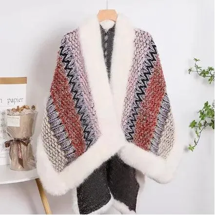 Bohemian Faux Silver Fox Fur Poncho – Knitted Wool Cloak & Luxury Shawl Wrap
