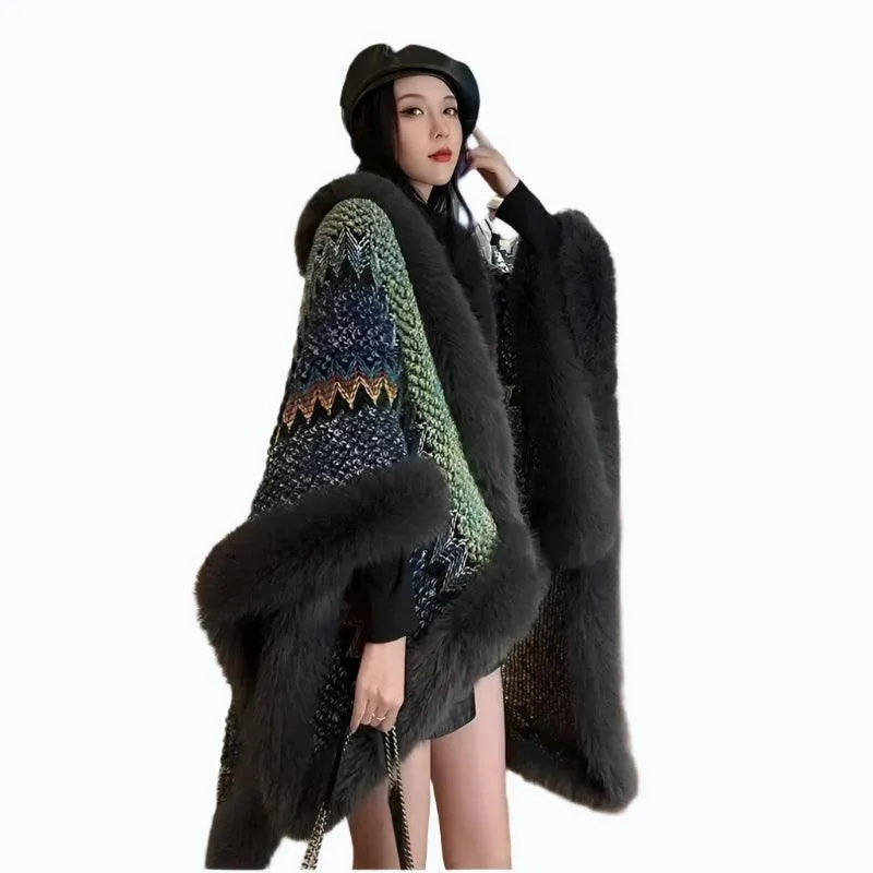 Bohemian Faux Silver Fox Fur Poncho – Knitted Wool Cloak & Luxury Shawl Wrap