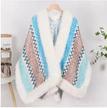 Bohemian Faux Silver Fox Fur Poncho – Knitted Wool Cloak & Luxury Shawl Wrap