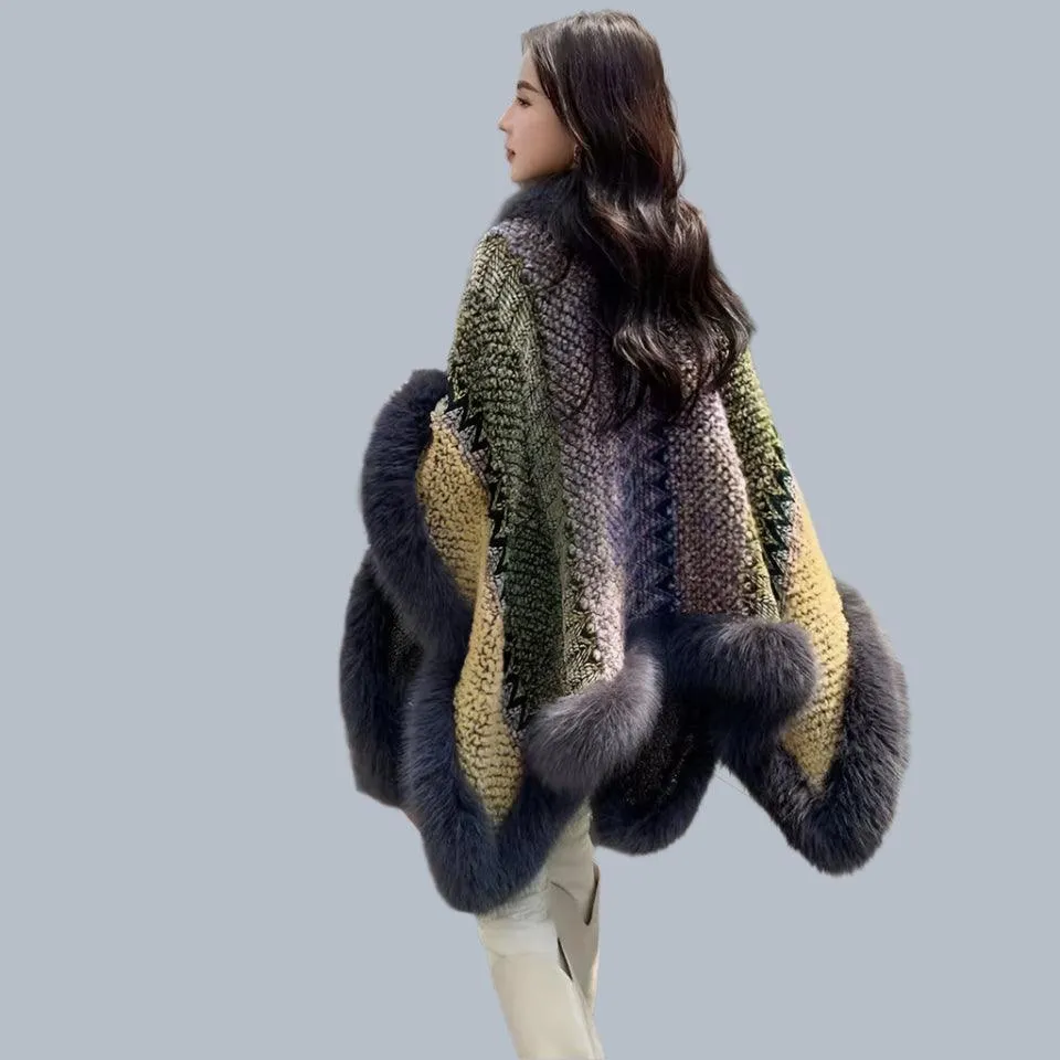 Bohemian Faux Silver Fox Fur Poncho – Knitted Wool Cloak & Luxury Shawl Wrap