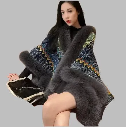 Bohemian Faux Silver Fox Fur Poncho – Knitted Wool Cloak & Luxury Shawl Wrap