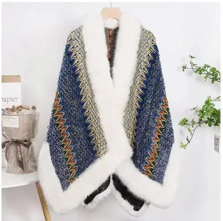 Bohemian Faux Silver Fox Fur Poncho – Knitted Wool Cloak & Luxury Shawl Wrap