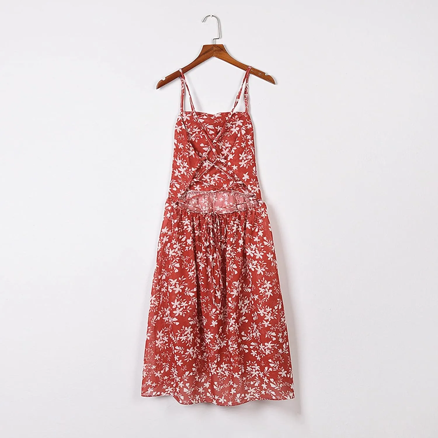 Boho Back Cross Cami Dress Plus Size Women Midi Length Shirred Dress Sweetheart Neck Swing Summer Casual S-2XL