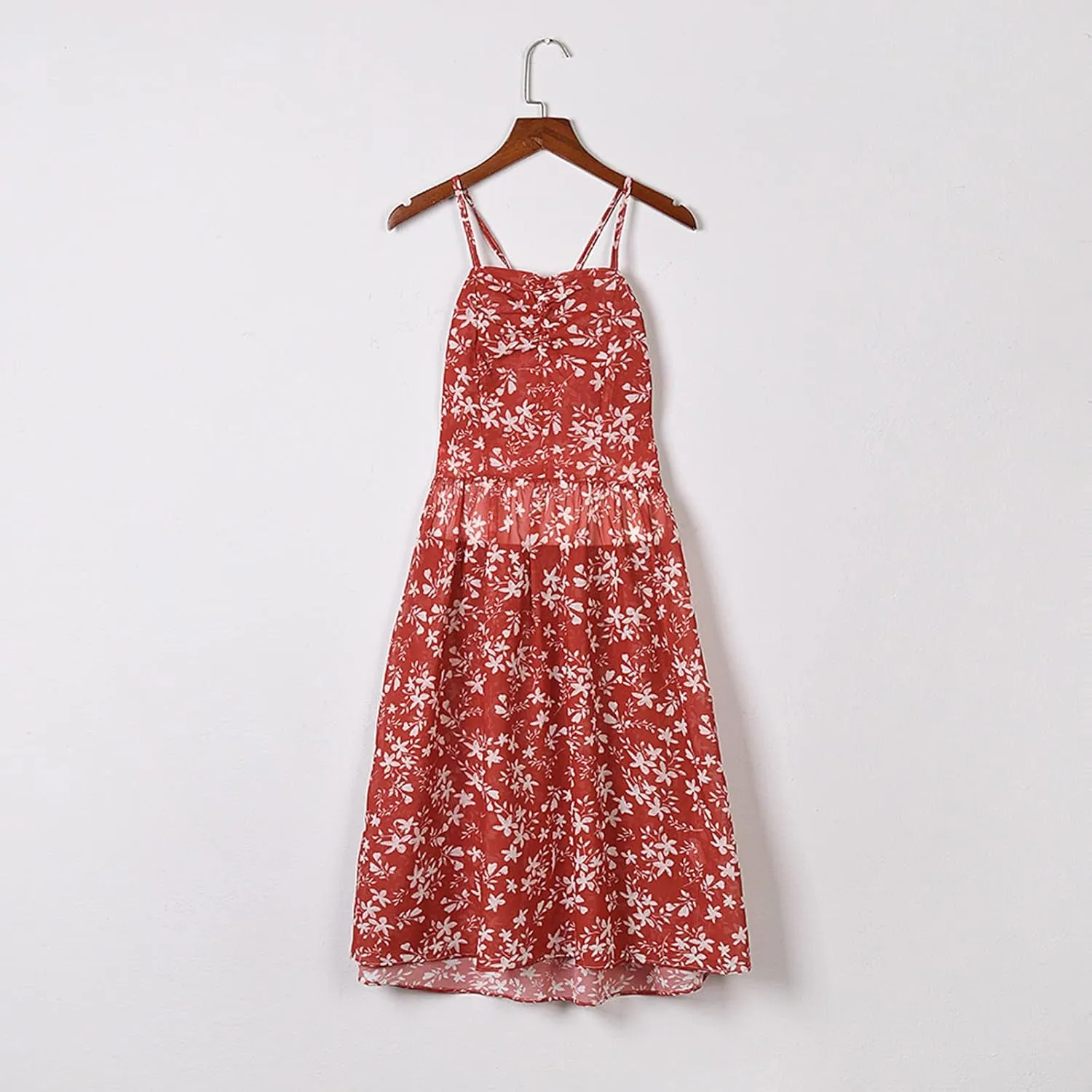 Boho Back Cross Cami Dress Plus Size Women Midi Length Shirred Dress Sweetheart Neck Swing Summer Casual S-2XL