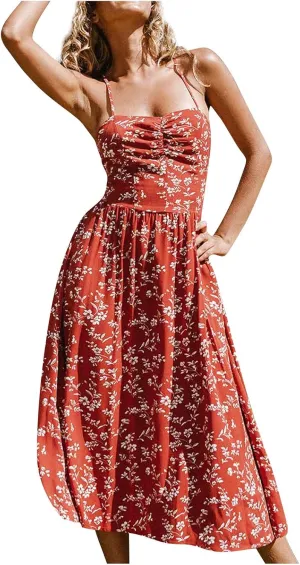 Boho Back Cross Cami Dress Plus Size Women Midi Length Shirred Dress Sweetheart Neck Swing Summer Casual S-2XL