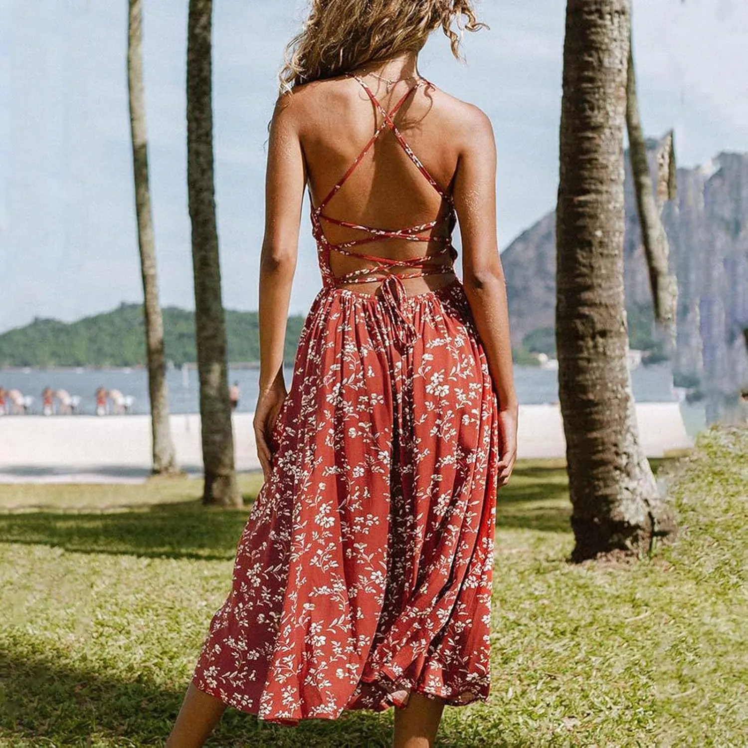 Boho Back Cross Cami Dress Plus Size Women Midi Length Shirred Dress Sweetheart Neck Swing Summer Casual S-2XL