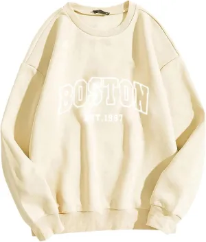 Boston Sweatshirts for Women Letter Print Crewneck Oversized Pullover Long Sleeve Sweaters Fall Clothes Trendy Outfits