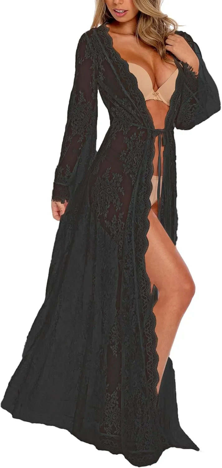 Bsubseach Lace Long Sleeve Beach Kimono Cover Up for Women Bikini Swimsuit Cover Ups Swimwear Cardigan