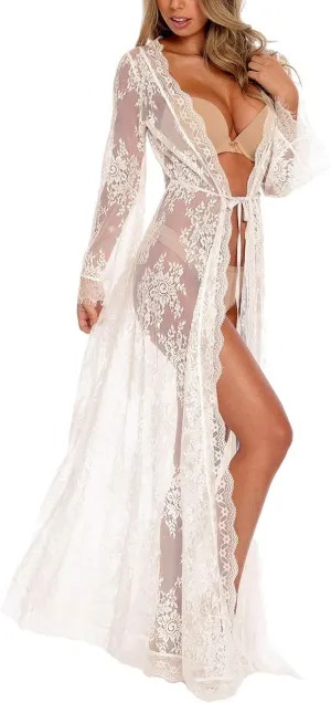 Bsubseach Lace Long Sleeve Beach Kimono Cover Up for Women Bikini Swimsuit Cover Ups Swimwear Cardigan